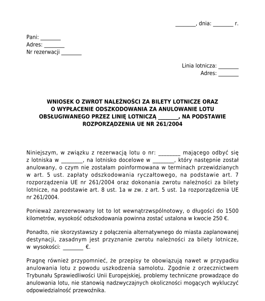 Wniosek o odszkodowanie i zwrot pieniędzy za lot