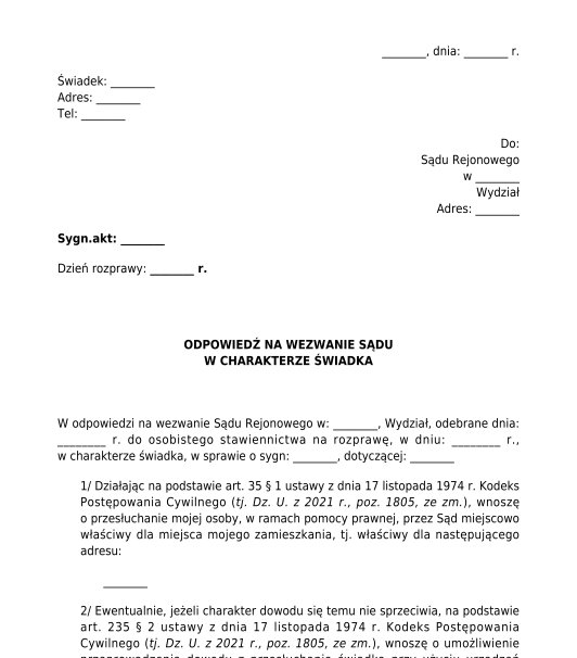 Wniosek o przesłuchanie świadka w innym miejscu sąd cywilny, gospodarczy, pracy