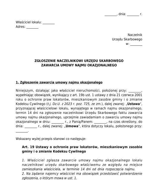 Zgłoszenie najmu okazjonalnego do urzędu skarbowego